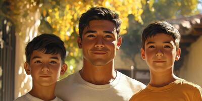Father and two sons enjoying a sunny day outdoors while surrounded by golden autumn leaves photo