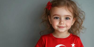 Smiling little girl wearing red with a Turkish flag on her shirt in a neutral background photo