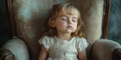 Young girl resting peacefully in a vintage armchair with closed eyes in a serene indoor setting photo