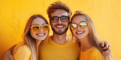 Friends enjoy a sunny day together posing against a bright yellow wall wearing matching sunglasses and cheerful expressions photo