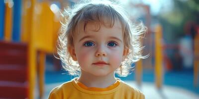 Curious child with blue eyes standing in a colorful playground on a sunny day with soft, wavy hair looking directly at the camera photo