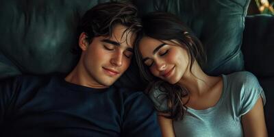 Young couple sharing a peaceful moment while resting on a couch in a cozy living room photo