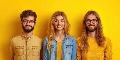 Three friends pose happily in front of a bright yellow background during a fun indoor gathering photo