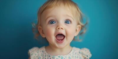 Bright-eyed toddler expresses joy with a wide smile against a vibrant blue background photo