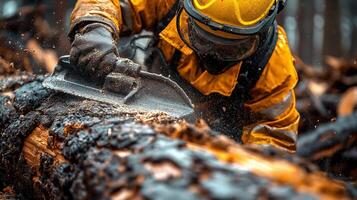Forestry worker operating manual tool on burnt timber image. Charred wood clearing. Woodcutter lumberman arborist photography scene. Forest industry concept photorealistic photo