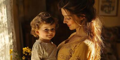 Joyful moment between mother and child captured in a sunlit room during morning hours photo