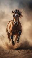 Majestic horse galloping through dust on a sunlit trail in the early afternoon photo
