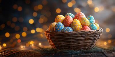 Colorful decorated eggs in a wicker basket illuminated by festive lights during a celebration photo