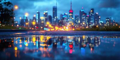 Night cityscape featuring shiny reflections on wet pavement during twilight in an urban environment photo