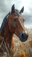 Close-up view of a horse in a grassy field under a cloudy sky during late afternoon photo