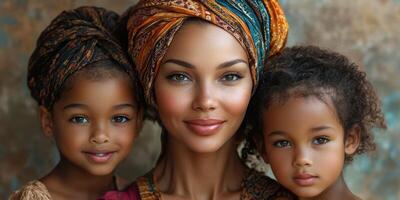 Mother and two daughters posing together in vibrant headscarves against a textured background in a warm, sunny environment photo