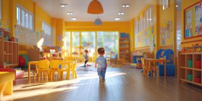 Children playing in a vibrant classroom filled with colorful furniture during a sunny afternoon photo