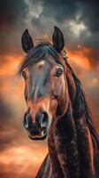 Majestic horse portrait captured against a vibrant sunset backdrop in an open field photo
