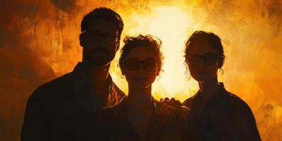 Three friends posing against a warm, glowing sunset backdrop while wearing stylish sunglasses in a relaxed outdoor setting photo