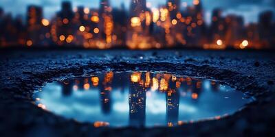 Reflections of a vibrant city skyline in a puddle during twilight hours photo