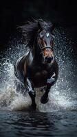 Majestic black horse galloping through water with powerful splashes during golden hour photo