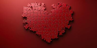 Heart-shaped red puzzle pieces arranged on a vibrant red background creating a symbol of love and connection photo