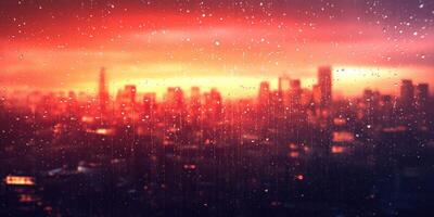 City skyline at sunset with raindrops creating a blurred effect on the window during a vibrant evening photo