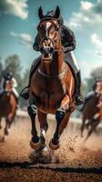 Horse racing competition at a vibrant outdoor venue during a sunny day with multiple runners in action photo