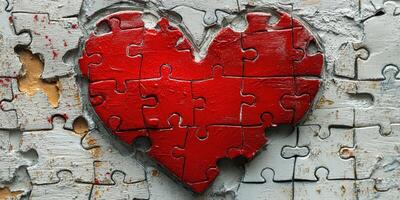 Red heart puzzle piece embedded in weathered gray wall texture represents love and connection in artistic expression photo
