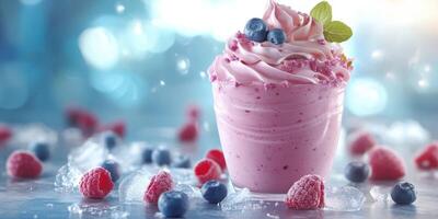 Delicious berry-flavored dessert topped with fresh fruits and mint leaf in a chilled environment photo