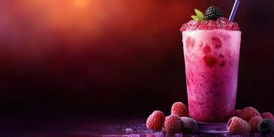 Refreshing berry smoothie served in a tall glass garnished with fresh mint and blackberries on a colorful background photo