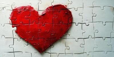 Heart shaped puzzle piece artwork on white background depicting love and creativity photo