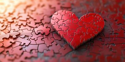Heart-shaped puzzle piece stands out among scattered red jigsaw pieces in a creative and artistic arrangement photo