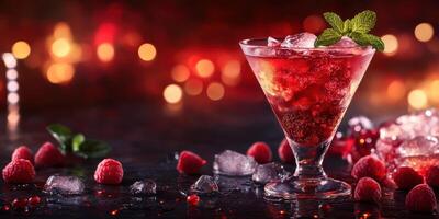 Refreshing raspberry cocktail served in a glass with ice and mint leaves against a vibrant background photo