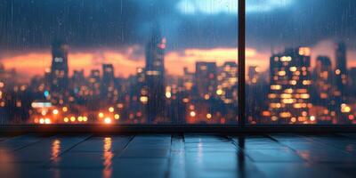 Urban skyline illuminated by city lights during a rainstorm at dusk with reflections on the wet floor photo