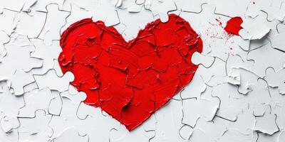 Heart puzzle piece artwork in vibrant red against a white background showcasing love and creativity photo