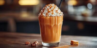 Creamy caramel coffee drink topped with whipped cream served in a glass on a wooden table photo