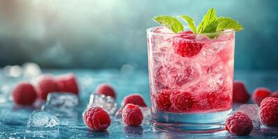 Refreshing raspberry drink garnished with mint on a bright blue surface during a sunny day photo