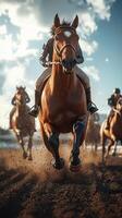 Exciting horse race with jockeys racing ahead against a stunning backdrop at sunset photo