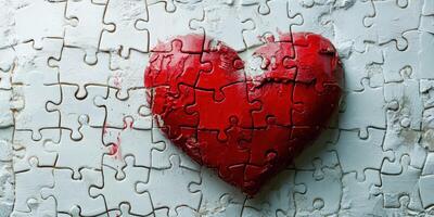 Red heart puzzle piece on textured white background represents love and connection in art form photo