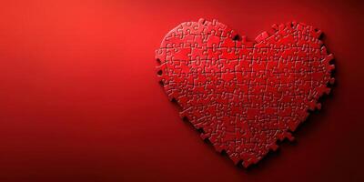 Heart-shaped puzzle pieces on a vibrant red background create a striking visual of love and connection photo