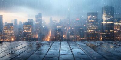 Rainy cityscape with blurred skyline and wet wooden surface during nighttime photo