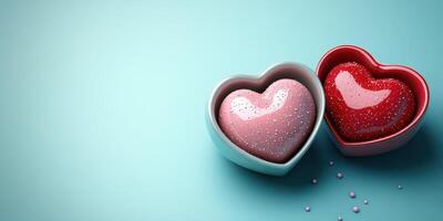 Heart-shaped candies in pastel colors placed on a soft blue background create a delightful visual for celebrations and special moments photo