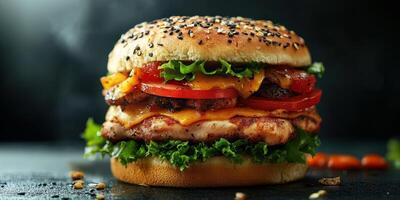 Juicy grilled chicken burger topped with fresh vegetables and cheese on a dark background photo