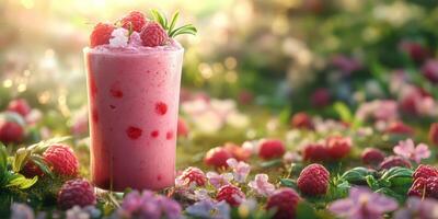 Refreshing raspberry smoothie surrounded by flowers and greenery in a sunlit setting during springtime photo