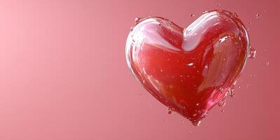 A red heart shape surrounded by splashes of water against a pink background on a bright sunny day photo