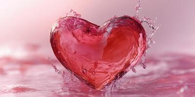 Bright red heart shape splashing in water, creating ripples and droplets in a soft pastel background during daylight photo