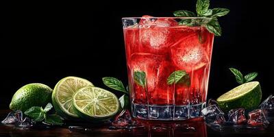 Refreshing cocktail with mint and lime garnishes served in a glass with ice photo