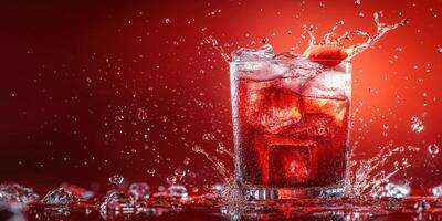 Refreshing red beverage splashes in a glass with ice and droplets against a vibrant red background photo