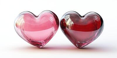Handcrafted glass hearts in pink and red colors on a plain backdrop for decor or gifts photo