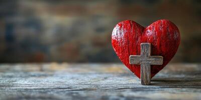 Heart symbolizing love and faith with wooden cross against rustic background photo