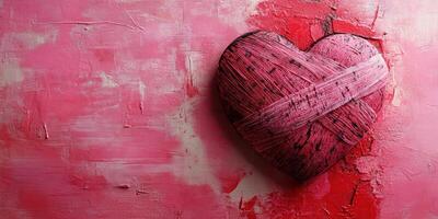 Heart-shaped art piece with bandage on pink textured background represents healing and love in creative expression photo