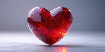 Shiny red heart shaped crystal on a smooth surface with soft lighting photo