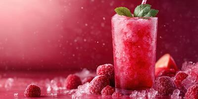 Refreshing raspberry drink garnished with mint and surrounded by ice during a vibrant summer celebration photo