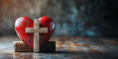 Heart symbol with wooden cross on rustic table representing love and faith in a serene setting photo